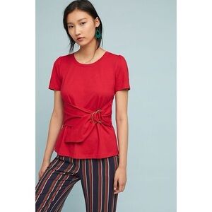 Anthropologie Maeve Shirt Dakota Buckle Wrap Top Short Sleeve Red Petite MP